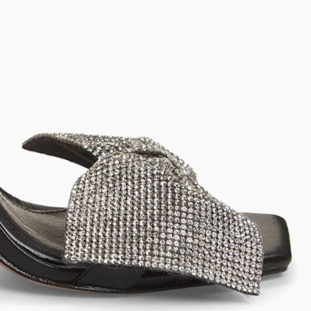 Schutz Black and Silver Heels with Glitter Bow Leather Sandals, Size 9B - Picture 4 of 12
